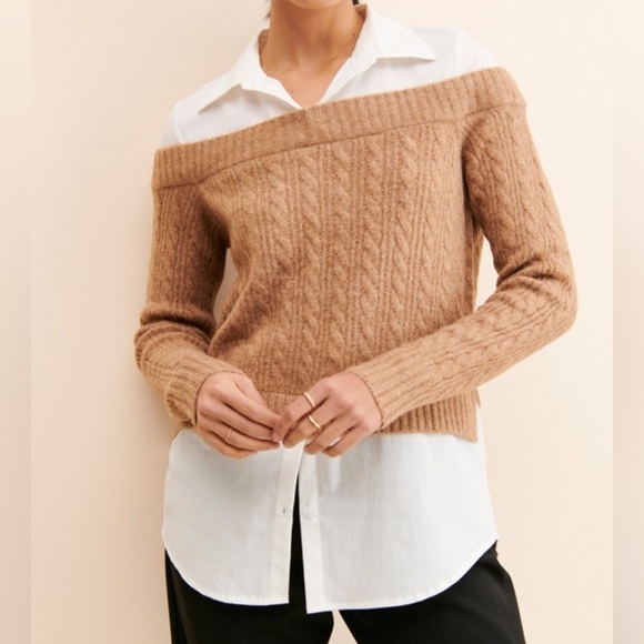 Free People Sweaters - Free People Flat White Cable Knit Off Shoulder Sweater with Collar Size XS